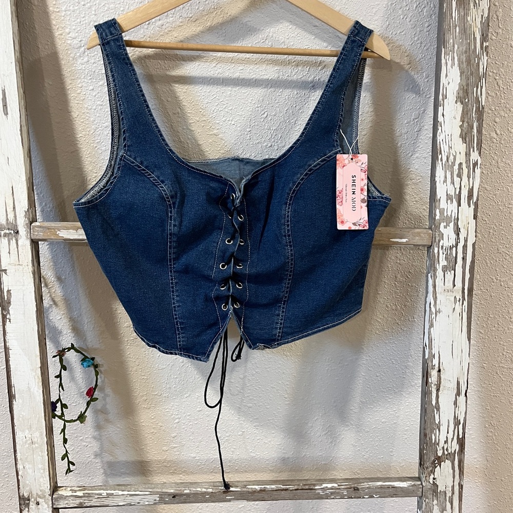 SHEIN Navy Lace-Up Denim Crop Top